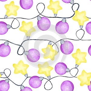 Watercolor hand drawn seamless pattern with yellow purple violet Christmas lights electric bulbs, decoration hangings