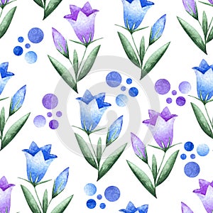 Watercolor hand drawn seamless summer pattern with blue and purple bluebells flowers and circles.