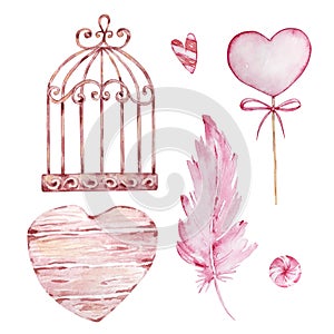 Watercolor hand drawn set of cage  feather and hearts