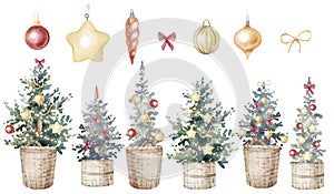 Watercolor hand drawn set with Christmas tree decorated with balls, lights, icicles. New Year tree in the wicker basket