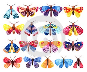 Watercolor hand drawn set of colorful butterflies and moths on white background