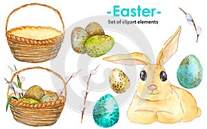 Watercolor hand-drawn set of colorful Easter eggs, wicker basket, rabbit and twigs with buds