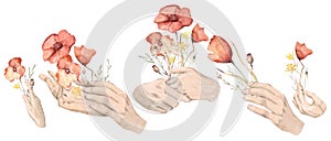 Watercolor hand drawn set with delicate illustration of hands holding flowers bouquet. Female hands with blossom scarlet