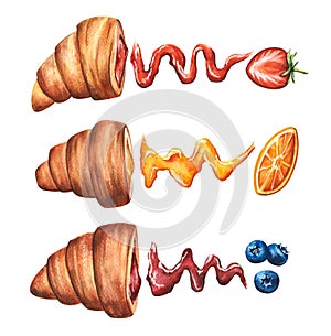 Watercolor hand drawn set of half croissants with strawberry, orange, blueberry jam filling