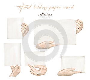 Watercolor hand drawn set with illustration of hands holding empty paper card. Different hand gestures collection. Human