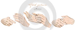 Watercolor hand drawn set with illustration of minimalistic female hands. Different hand gestures collection. Handshakes