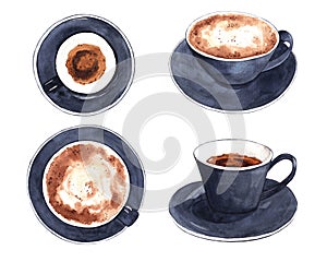 Watercolor hand drawn set with porcelain black cup of coffee espresso and cappuccino