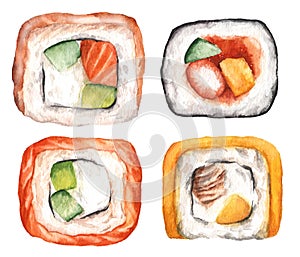Watercolor hand drawn set of rolls
