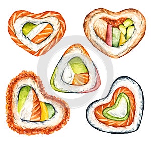 Watercolor hand drawn set of rolls in the shape of a heart