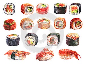 Watercolor hand drawn set of sushi and rolls, isolated on white background.