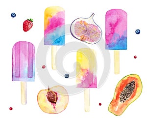 Watercolor hand drawn set with tropical fruits papaya, peach, fig, berries and ice cream