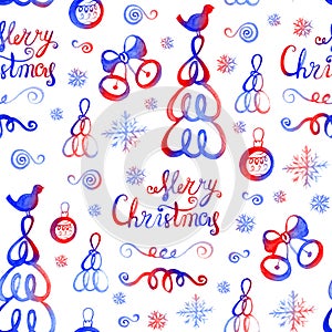 Watercolor hand drawn sketch Christmas seamless pattern.