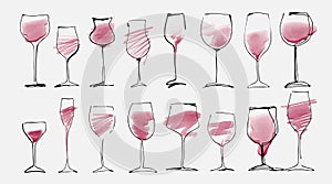 Watercolor and hand drawn sketch of wine glasses set with red wine. Wine glass collection isolated on white, art design.