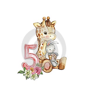 Watercolor hand drawn small baby giraffe with dahlia flowers and numbers composition. African baby animal for baby shower party