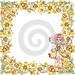 Watercolor hand drawn spring garden full of narcissus square frame. Summer illustration for scrapbooking. Cartoon hand drawn