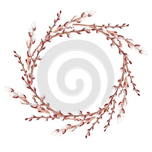 Watercolor hand drawn spring time pussy willow branch round wreath isolated on white background.