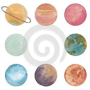 Watercolor hand drawn square frame with abstract planets of solar system isolated on white background with copy space