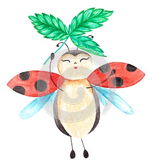 Watercolor hand drawn summer illustration of lady bird with spotted wings flying smiling holding carved strawberry leaf.