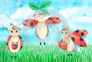Watercolor hand drawn summer illustration of lady birds flying smiling holding carved strawberry leaf, berry and basket.