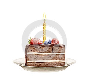 Watercolor hand drawn sweet and tasty piece of chocolate birthday cake with berries and candle