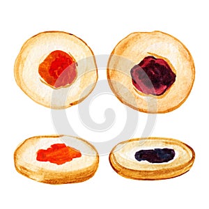 Watercolor hand drawn thumbprint cookies with jam illustration set isolated on white background.