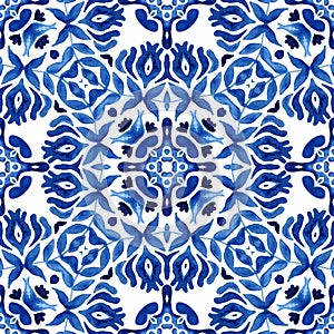 Watercolor hand drawn tile seamless floral medallion ornamental pattern. Blue and white portuguese tile style photo