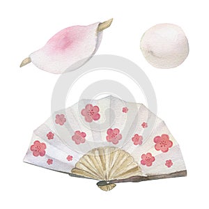 Watercolor hand drawn traditional Japanese sweets. Winter wagashi, mochi, hanabira, camellia. Isolated on white