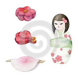 Watercolor hand drawn traditional Japanese sweets. Winter wagashi, mochi, hanabira, camellia. Isolated on white