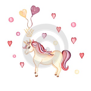 Watercolor hand drawn  unicorn card illustration withhearts and baloona, fairy tale animal creature, magical  clip art, isolated