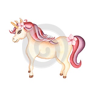 Watercolor hand drawn  unicorn horse, pony animal illustration , fairy tale animal creature, magical  clip art, isolated on white