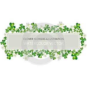 Watercolor hand drawn vector frame of clover leaves green color on white background.