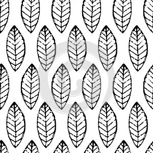 Watercolor hand drawn vector leaf seamless pattern. Abstract grunge black and white texture background. Nature organic line illus