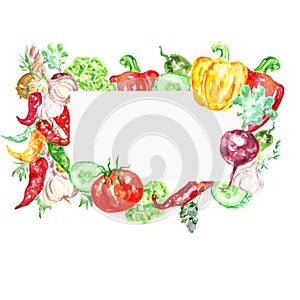 Watercolor fresh vegetables banner with white frame for text.