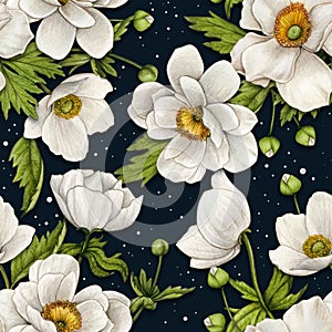 watercolor hand drawn vintage floral anemone pattern