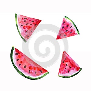 Watercolor hand drawn watermelon set. Piece of watermelon, slices of watermelon. Fresh watercolor illustration. Summer