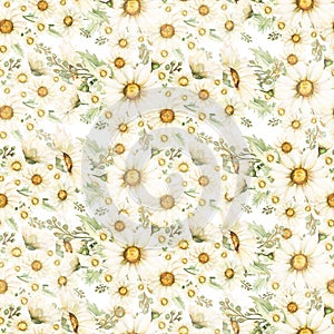 Watercolor hand drawn white daisy flowers seamless pattern, Florals repeat paper, chamomile repeat background. scrapbook paper