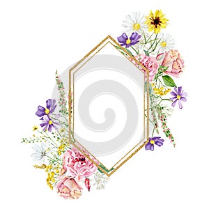 Watercolor hand drawn wild floral summer golden frame with white wildflowers, garden pink and purple meadow