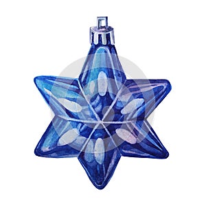 Watercolor hand-drawn winter blue white shiny christmas decoration star ball isolated on white background. Creative toy