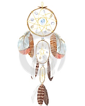 Watercolor hand drawn wood dream catcher with feathers, pearls, shells, moonstone