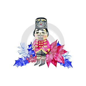 Watercolor hand drawn wooden toy soldier - nutcracker.