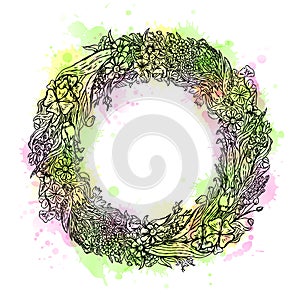 Watercolor hand drawn wreath of flowers. vintage sketch. Vector illustration.