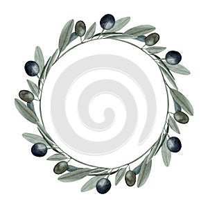 Watercolor hand drawn wreath with olive tree branches with green and black fruit on trendy earthy hue isolated on white background