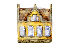 Watercolor hand drawn yellow house with a tiled roof, a stone basement and a beautiful pediment in the Renaissance style isolated