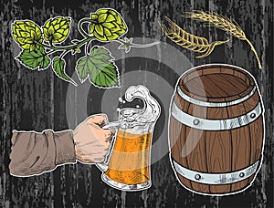 Watercolor hand holding with beer mug, barrel, hops, ears