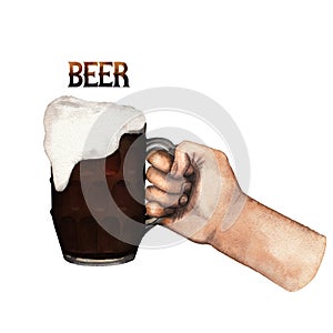 Watercolor hand with mug of beer