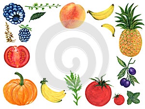 Watercolor hand paint set eco food organic helthy cafe menu design. natural fresh fruits and vegetable illustration