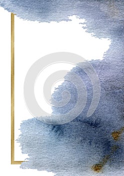 Watercolor hand painted abstract blue and geometric gold frame with space for text isolated on white background.