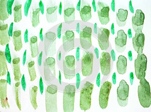 Watercolor hand-painted abstract strokes of various shapes of design elements, light green and olive on a white background