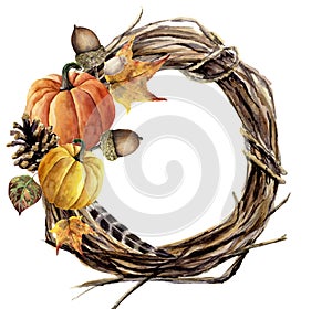 Watercolor hand painted autumn wreath of twig. Wood wreath with pumpkin, pine cone, fall leaves, feather and acorn. Autumn