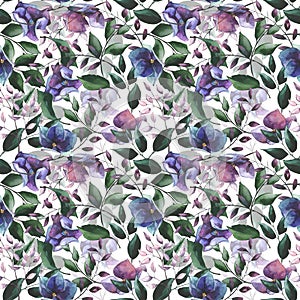 Watercolor hand painted blue, violet hydrangea, green leaves seamless pattern. Floral arrangement on white background